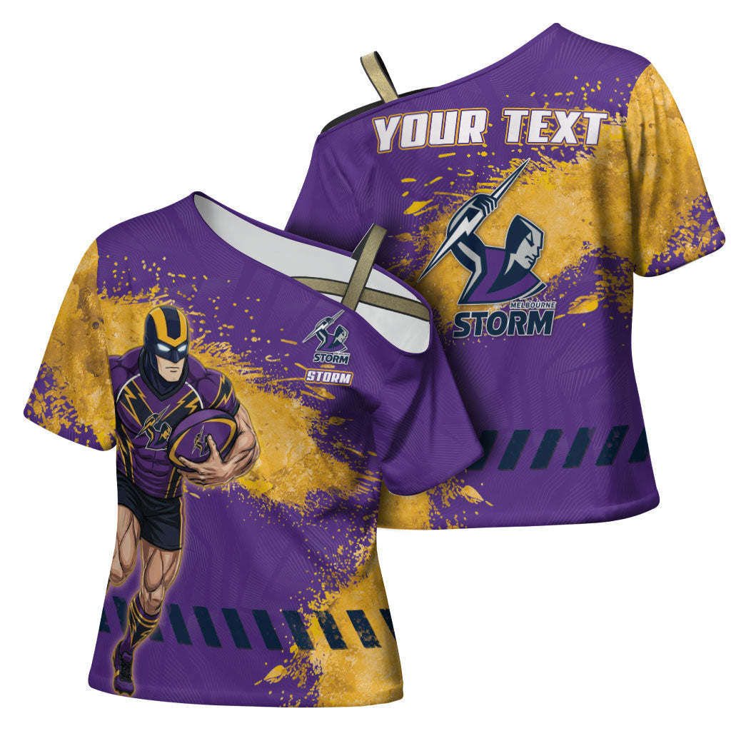 Personalised Melbourne Storm Rugby Cross Shoulder Shirt Superhero Purple Storm Mascot - Sporty Splash Art Style