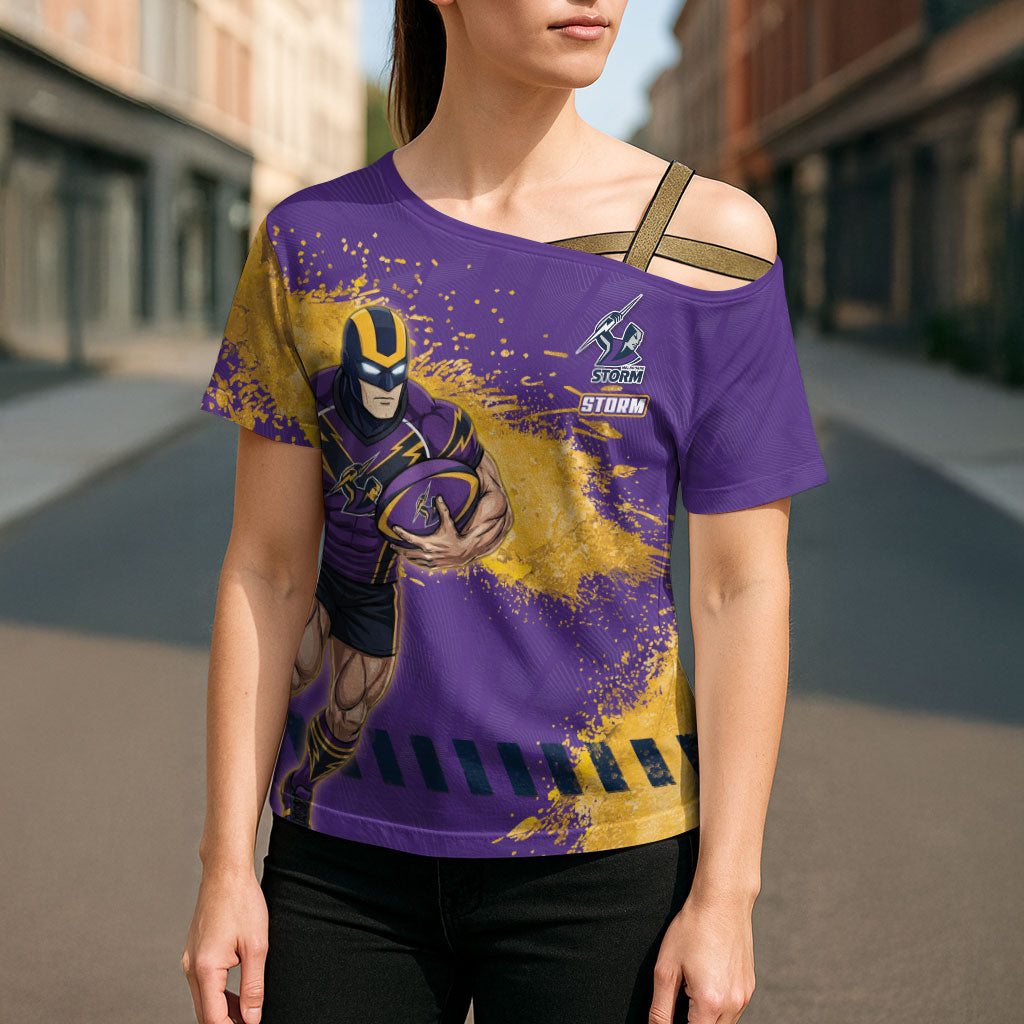 Personalised Melbourne Storm Rugby Cross Shoulder Shirt Superhero Purple Storm Mascot - Sporty Splash Art Style