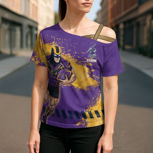 Personalised Melbourne Storm Rugby Cross Shoulder Shirt Superhero Purple Storm Mascot - Sporty Splash Art Style