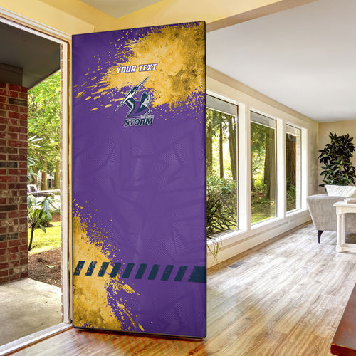 Personalised Melbourne Storm Rugby Door Cover Superhero Purple Storm Mascot - Sporty Splash Art Style