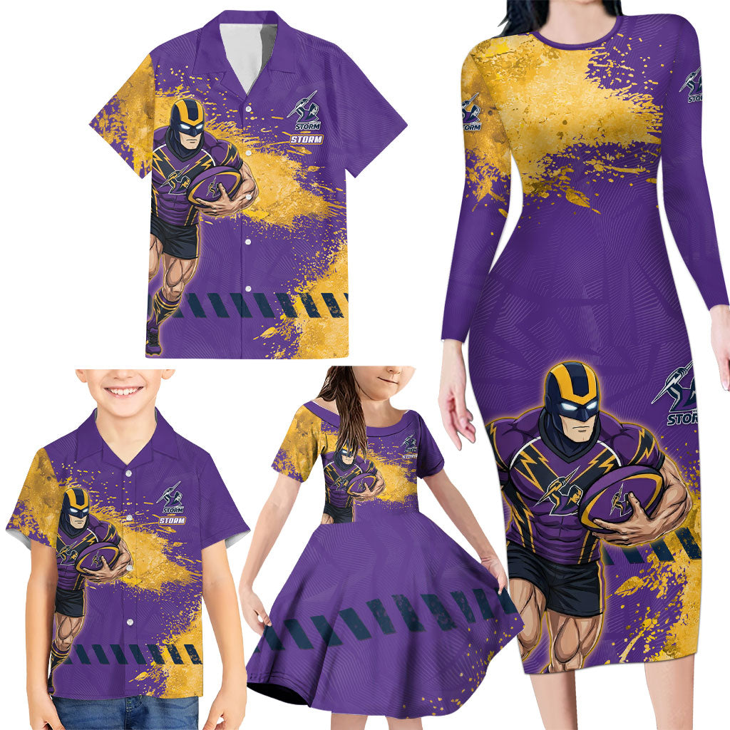 Personalised Melbourne Storm Rugby Family Matching Long Sleeve Bodycon Dress and Hawaiian Shirt Superhero Purple Storm Mascot - Sporty Splash Art Style