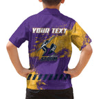 Personalised Melbourne Storm Rugby Family Matching Long Sleeve Bodycon Dress and Hawaiian Shirt Superhero Purple Storm Mascot - Sporty Splash Art Style