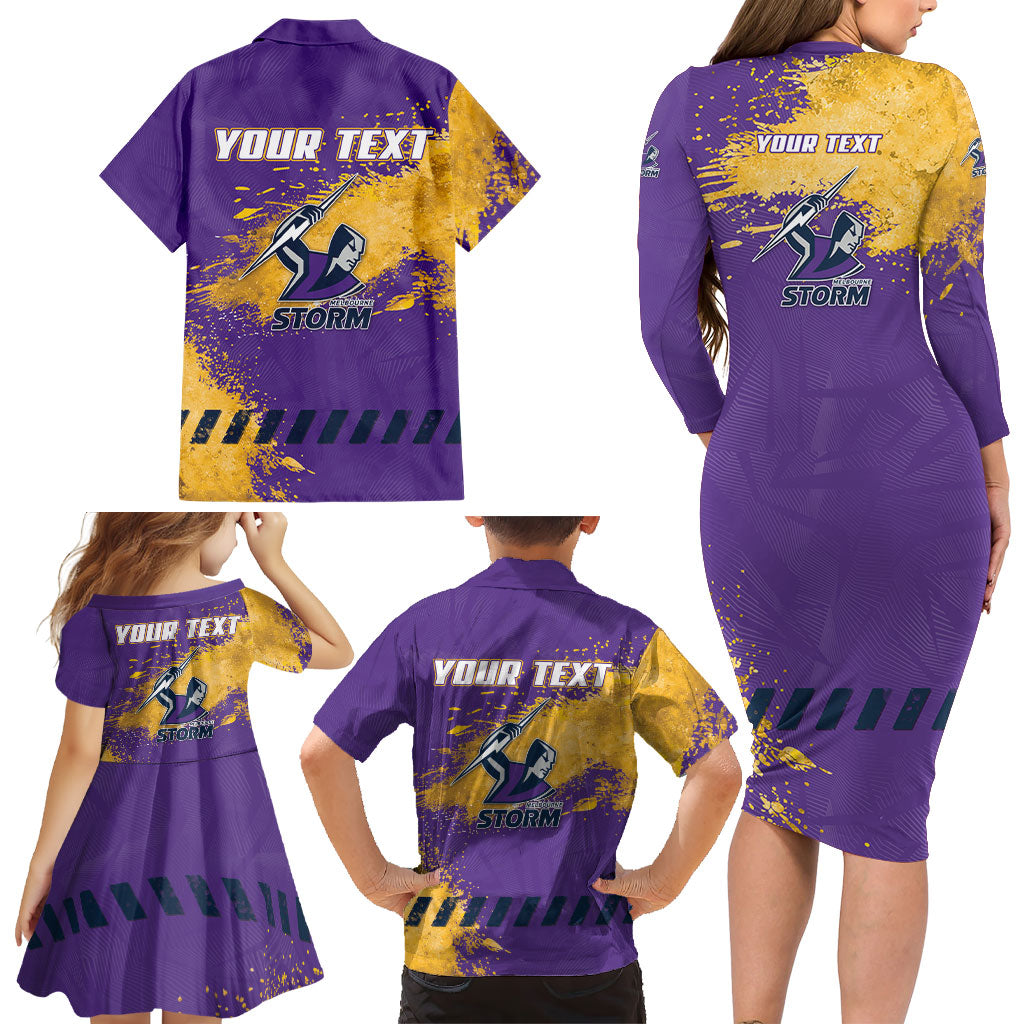 Personalised Melbourne Storm Rugby Family Matching Long Sleeve Bodycon Dress and Hawaiian Shirt Superhero Purple Storm Mascot - Sporty Splash Art Style