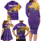 Personalised Melbourne Storm Rugby Family Matching Long Sleeve Bodycon Dress and Hawaiian Shirt Superhero Purple Storm Mascot - Sporty Splash Art Style
