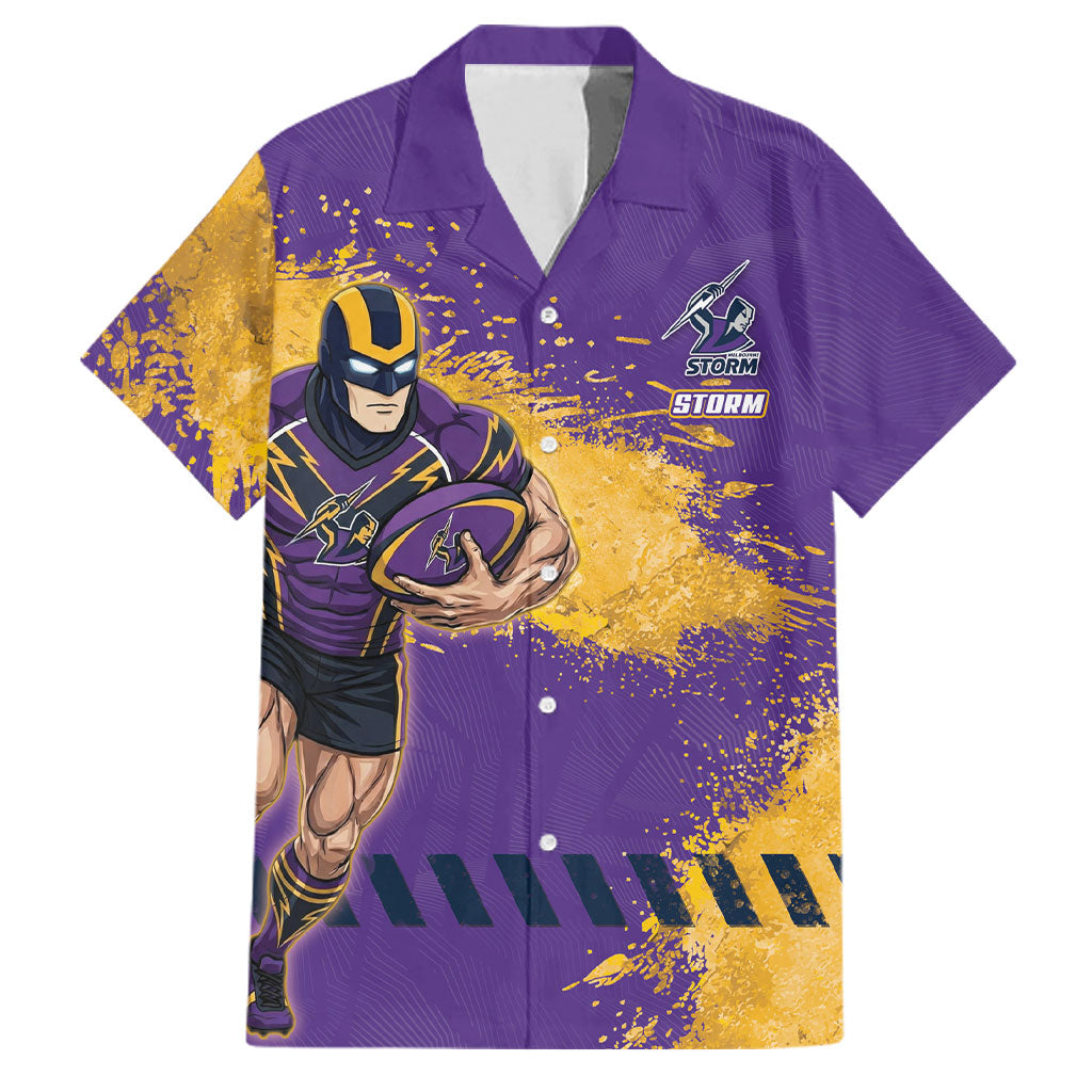 Personalised Melbourne Storm Rugby Family Matching Long Sleeve Bodycon Dress and Hawaiian Shirt Superhero Purple Storm Mascot - Sporty Splash Art Style