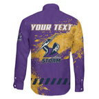 Personalised Melbourne Storm Rugby Family Matching Long Sleeve Bodycon Dress and Hawaiian Shirt Superhero Purple Storm Mascot - Sporty Splash Art Style