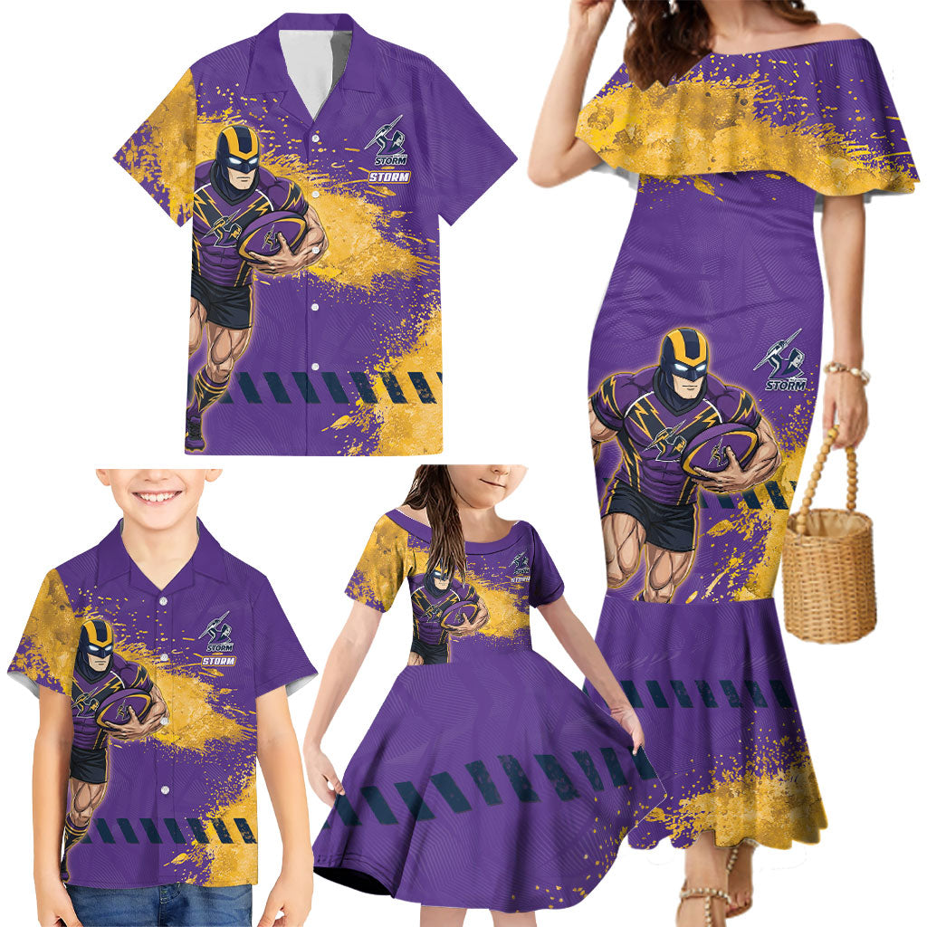 Personalised Melbourne Storm Rugby Family Matching Mermaid Dress and Hawaiian Shirt Superhero Purple Storm Mascot - Sporty Splash Art Style