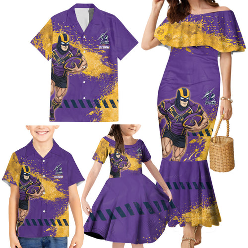 Personalised Melbourne Storm Rugby Family Matching Mermaid Dress and Hawaiian Shirt Superhero Purple Storm Mascot - Sporty Splash Art Style