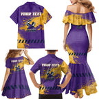 Personalised Melbourne Storm Rugby Family Matching Mermaid Dress and Hawaiian Shirt Superhero Purple Storm Mascot - Sporty Splash Art Style