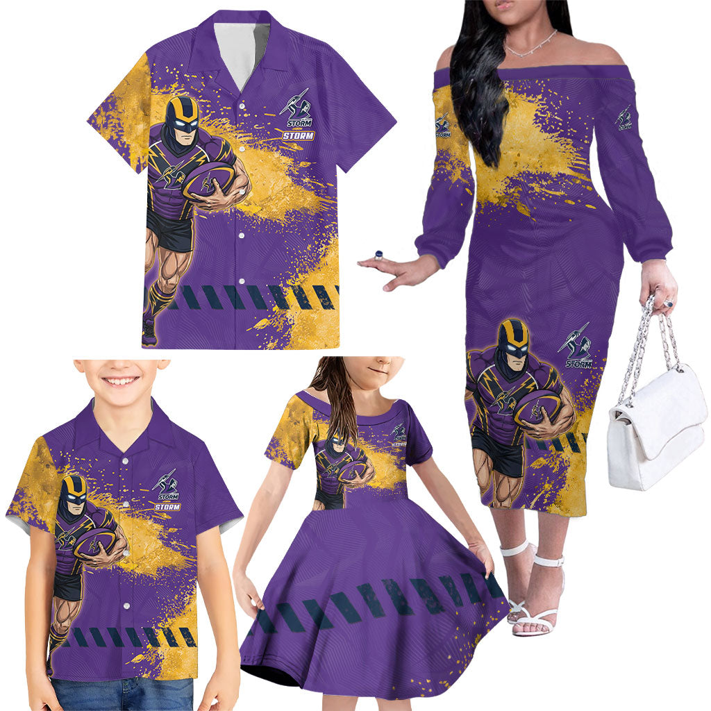 Personalised Melbourne Storm Rugby Family Matching Off The Shoulder Long Sleeve Dress and Hawaiian Shirt Superhero Purple Storm Mascot - Sporty Splash Art Style