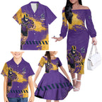 Personalised Melbourne Storm Rugby Family Matching Off The Shoulder Long Sleeve Dress and Hawaiian Shirt Superhero Purple Storm Mascot - Sporty Splash Art Style