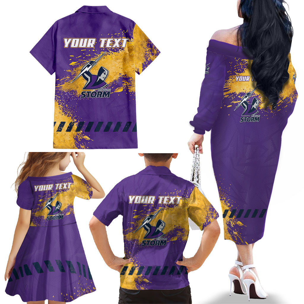 Personalised Melbourne Storm Rugby Family Matching Off The Shoulder Long Sleeve Dress and Hawaiian Shirt Superhero Purple Storm Mascot - Sporty Splash Art Style