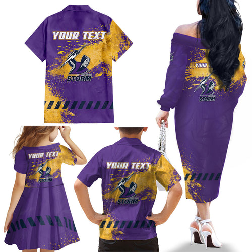 Personalised Melbourne Storm Rugby Family Matching Off The Shoulder Long Sleeve Dress and Hawaiian Shirt Superhero Purple Storm Mascot - Sporty Splash Art Style