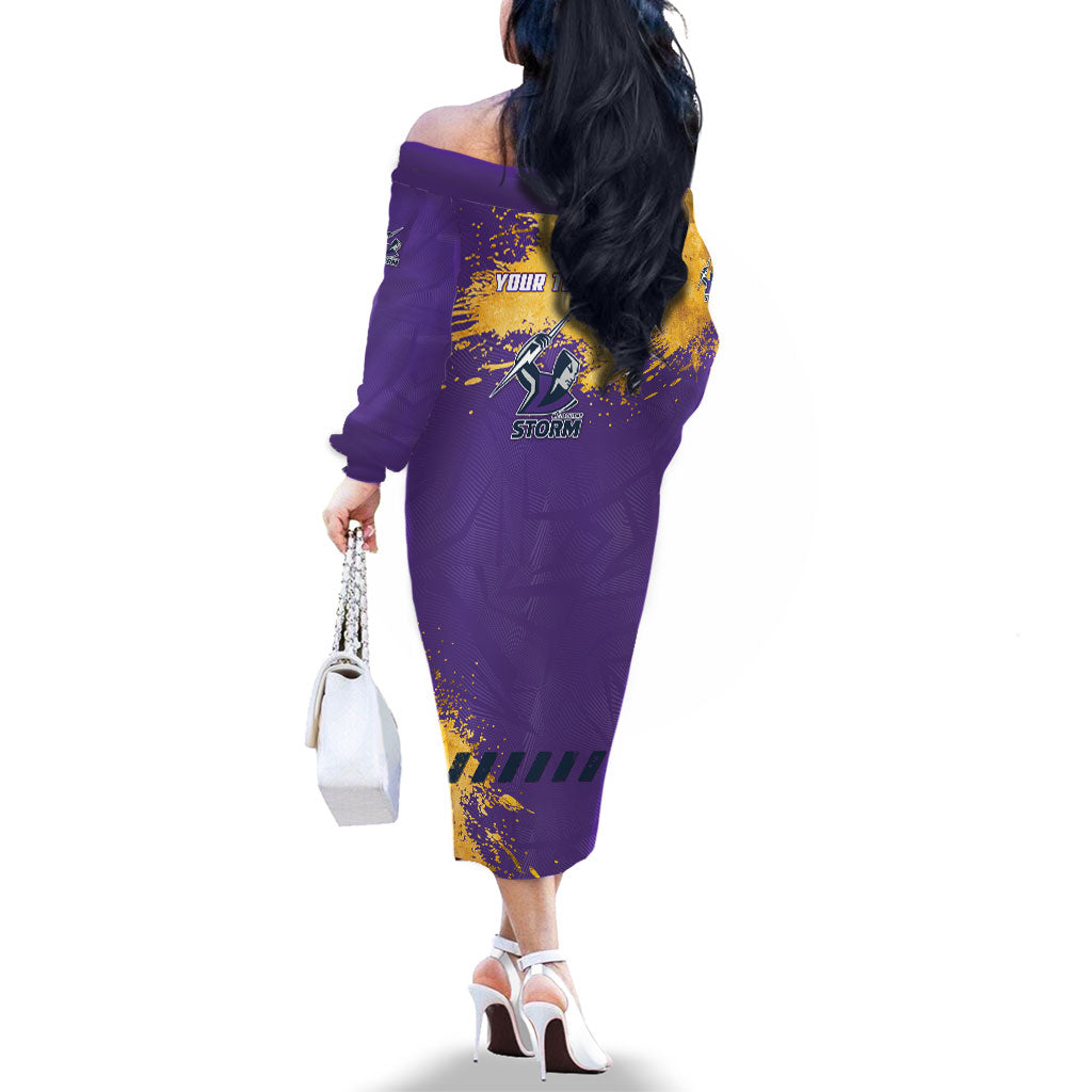 Personalised Melbourne Storm Rugby Family Matching Off The Shoulder Long Sleeve Dress and Hawaiian Shirt Superhero Purple Storm Mascot - Sporty Splash Art Style