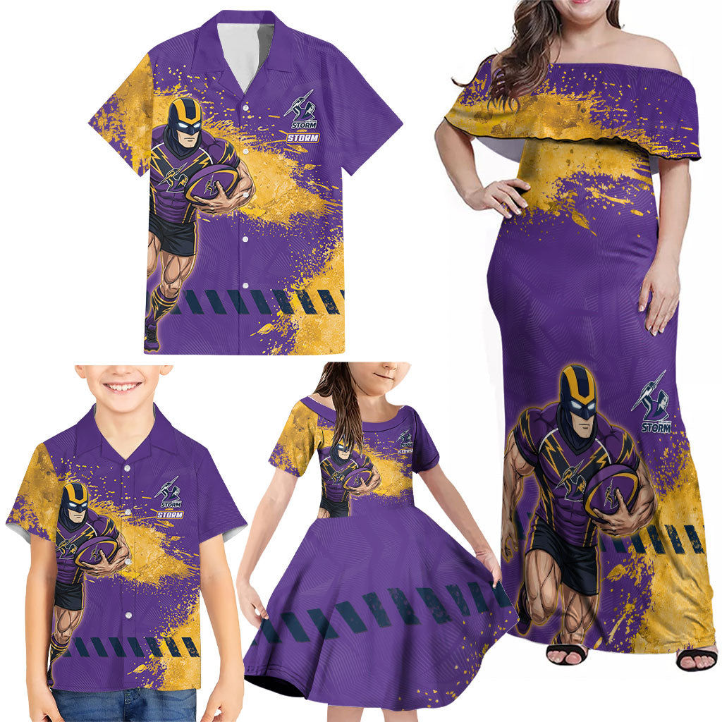 Personalised Melbourne Storm Rugby Family Matching Off Shoulder Maxi Dress and Hawaiian Shirt Superhero Purple Storm Mascot - Sporty Splash Art Style