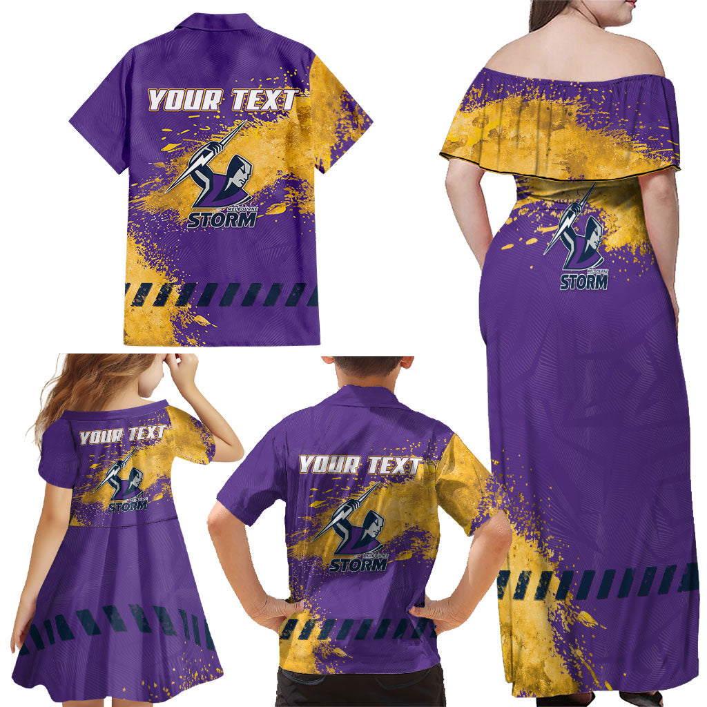 Personalised Melbourne Storm Rugby Family Matching Off Shoulder Maxi Dress and Hawaiian Shirt Superhero Purple Storm Mascot - Sporty Splash Art Style