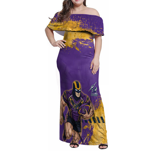 Personalised Melbourne Storm Rugby Family Matching Off Shoulder Maxi Dress and Hawaiian Shirt Superhero Purple Storm Mascot - Sporty Splash Art Style