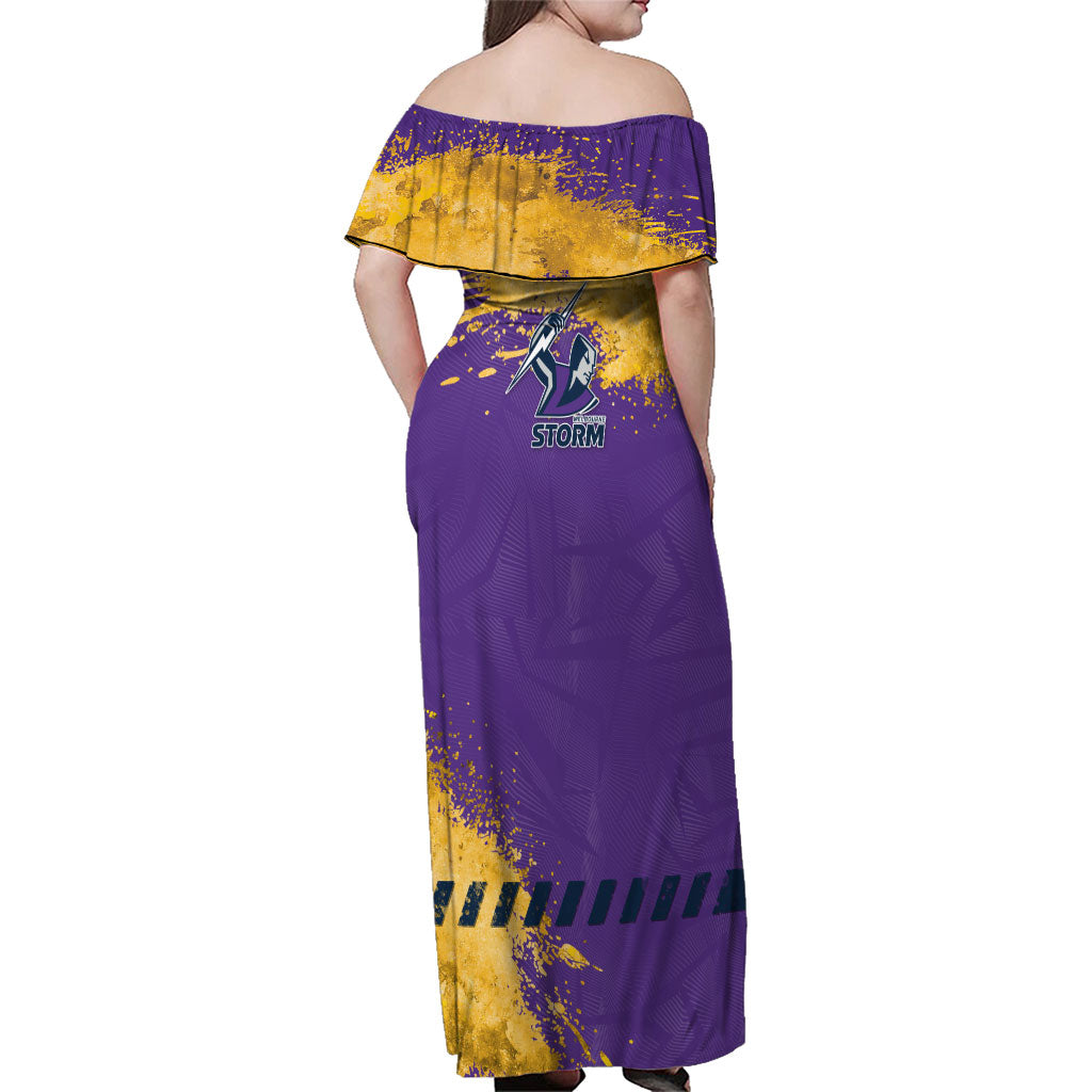 Personalised Melbourne Storm Rugby Family Matching Off Shoulder Maxi Dress and Hawaiian Shirt Superhero Purple Storm Mascot - Sporty Splash Art Style