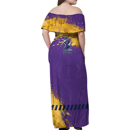 Personalised Melbourne Storm Rugby Family Matching Off Shoulder Maxi Dress and Hawaiian Shirt Superhero Purple Storm Mascot - Sporty Splash Art Style