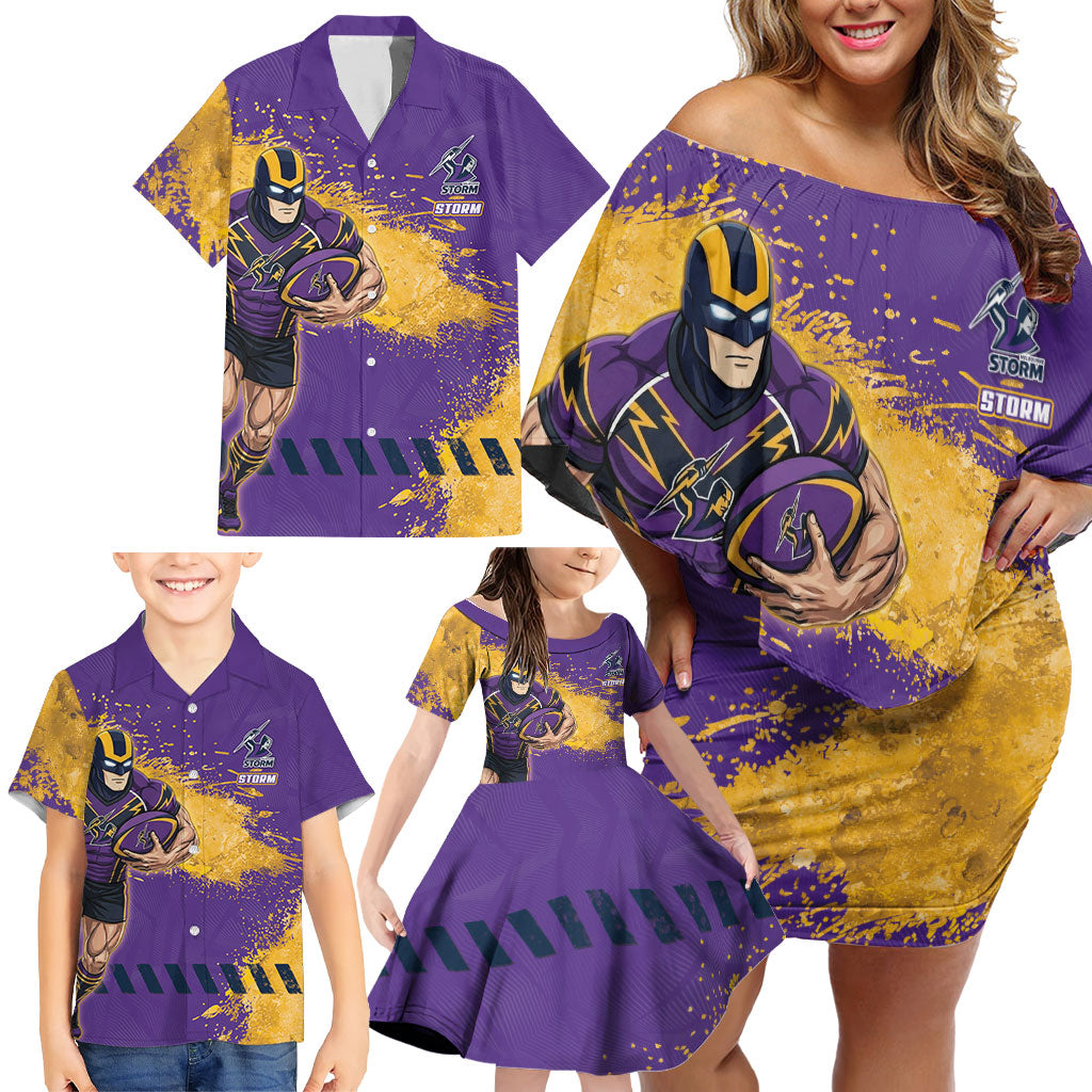 Personalised Melbourne Storm Rugby Family Matching Off Shoulder Short Dress and Hawaiian Shirt Superhero Purple Storm Mascot - Sporty Splash Art Style