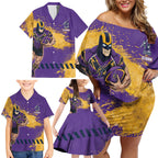 Personalised Melbourne Storm Rugby Family Matching Off Shoulder Short Dress and Hawaiian Shirt Superhero Purple Storm Mascot - Sporty Splash Art Style