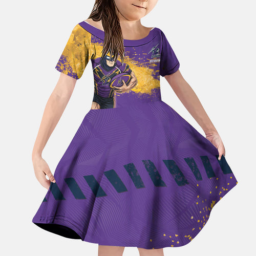 Personalised Melbourne Storm Rugby Family Matching Off Shoulder Short Dress and Hawaiian Shirt Superhero Purple Storm Mascot - Sporty Splash Art Style