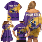 Personalised Melbourne Storm Rugby Family Matching Off Shoulder Short Dress and Hawaiian Shirt Superhero Purple Storm Mascot - Sporty Splash Art Style