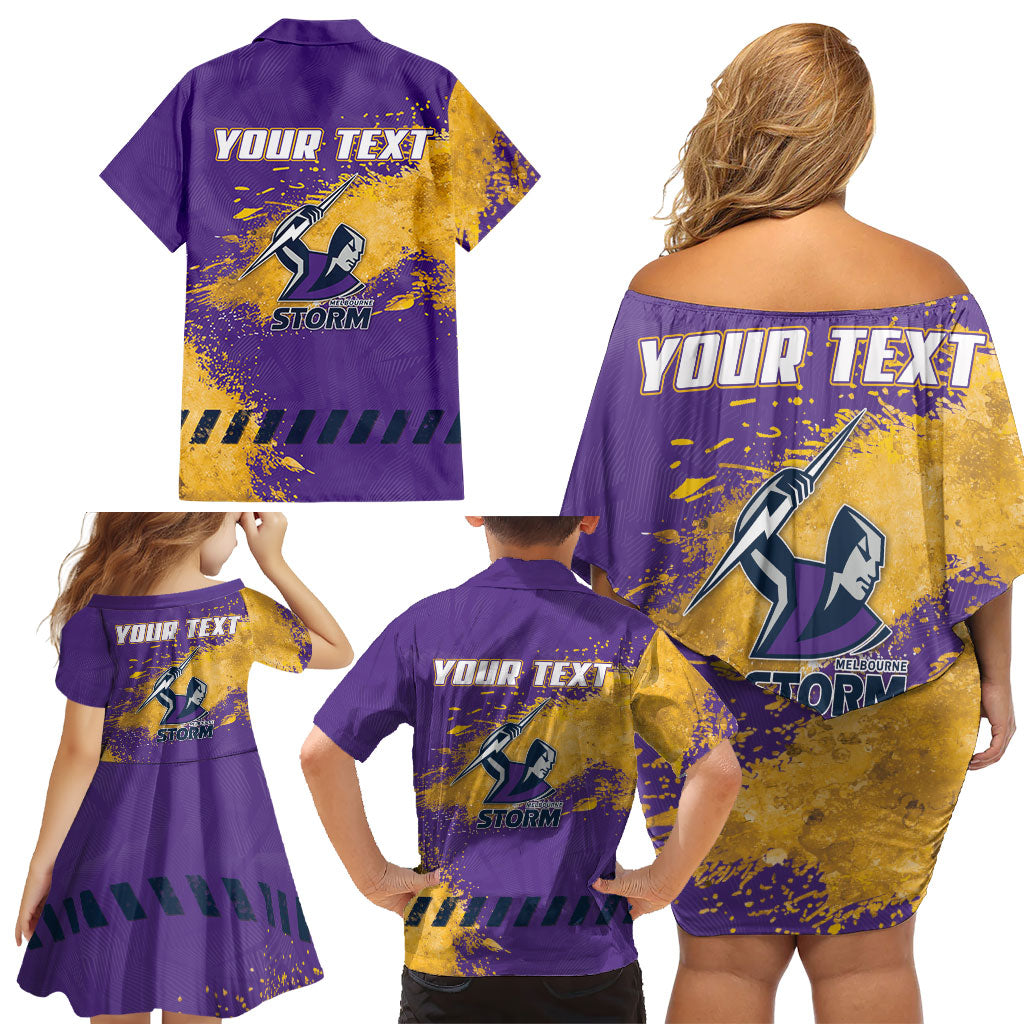 Personalised Melbourne Storm Rugby Family Matching Off Shoulder Short Dress and Hawaiian Shirt Superhero Purple Storm Mascot - Sporty Splash Art Style