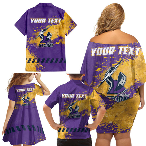 Personalised Melbourne Storm Rugby Family Matching Off Shoulder Short Dress and Hawaiian Shirt Superhero Purple Storm Mascot - Sporty Splash Art Style