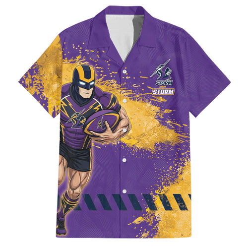 Personalised Melbourne Storm Rugby Family Matching Off Shoulder Short Dress and Hawaiian Shirt Superhero Purple Storm Mascot - Sporty Splash Art Style