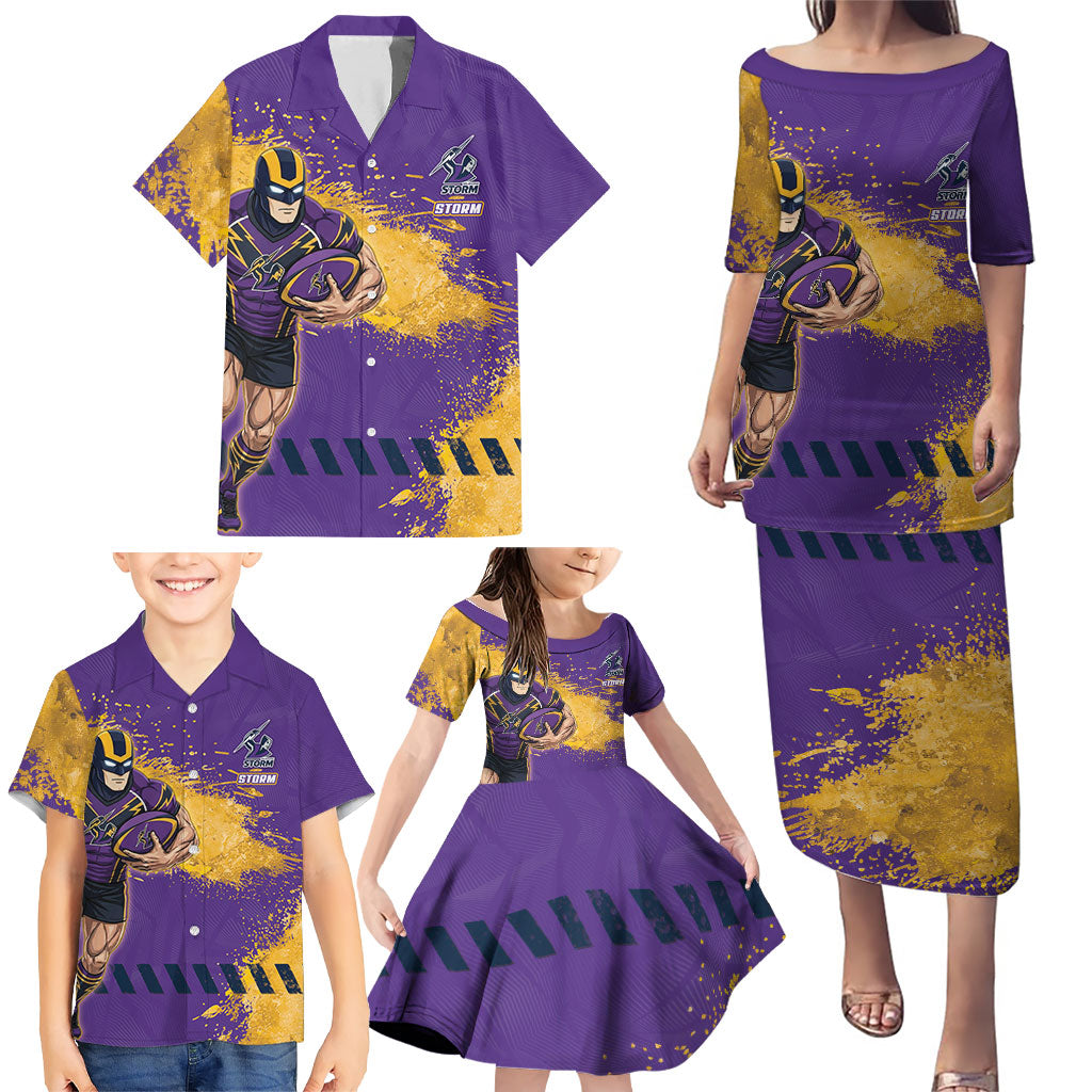 Personalised Melbourne Storm Rugby Family Matching Puletasi and Hawaiian Shirt Superhero Purple Storm Mascot - Sporty Splash Art Style