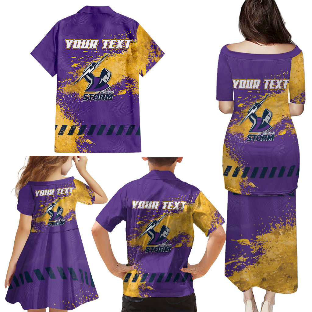 Personalised Melbourne Storm Rugby Family Matching Puletasi and Hawaiian Shirt Superhero Purple Storm Mascot - Sporty Splash Art Style