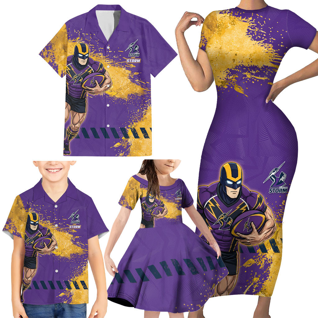 Personalised Melbourne Storm Rugby Family Matching Short Sleeve Bodycon Dress and Hawaiian Shirt Superhero Purple Storm Mascot - Sporty Splash Art Style