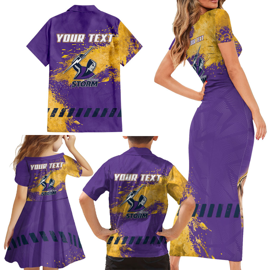 Personalised Melbourne Storm Rugby Family Matching Short Sleeve Bodycon Dress and Hawaiian Shirt Superhero Purple Storm Mascot - Sporty Splash Art Style