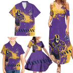 Personalised Melbourne Storm Rugby Family Matching Summer Maxi Dress and Hawaiian Shirt Superhero Purple Storm Mascot - Sporty Splash Art Style
