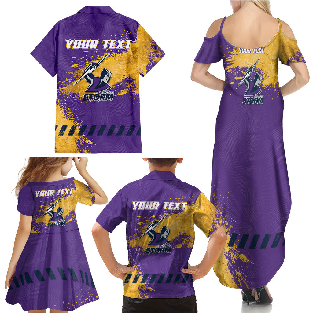 Personalised Melbourne Storm Rugby Family Matching Summer Maxi Dress and Hawaiian Shirt Superhero Purple Storm Mascot - Sporty Splash Art Style