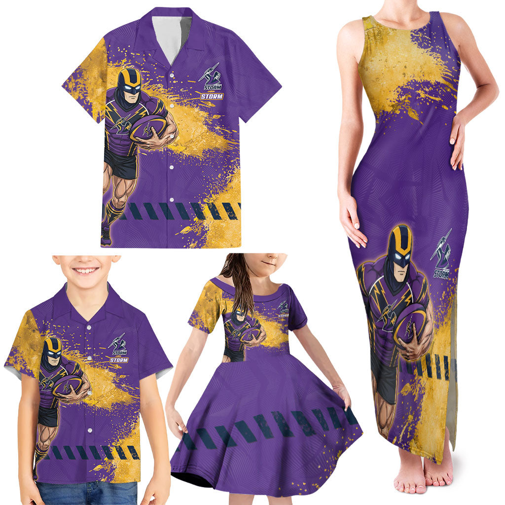 Personalised Melbourne Storm Rugby Family Matching Tank Maxi Dress and Hawaiian Shirt Superhero Purple Storm Mascot - Sporty Splash Art Style