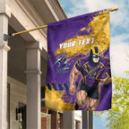 Personalised Melbourne Storm Rugby Garden Flag Superhero Purple Storm Mascot - Sporty Splash Art Style
