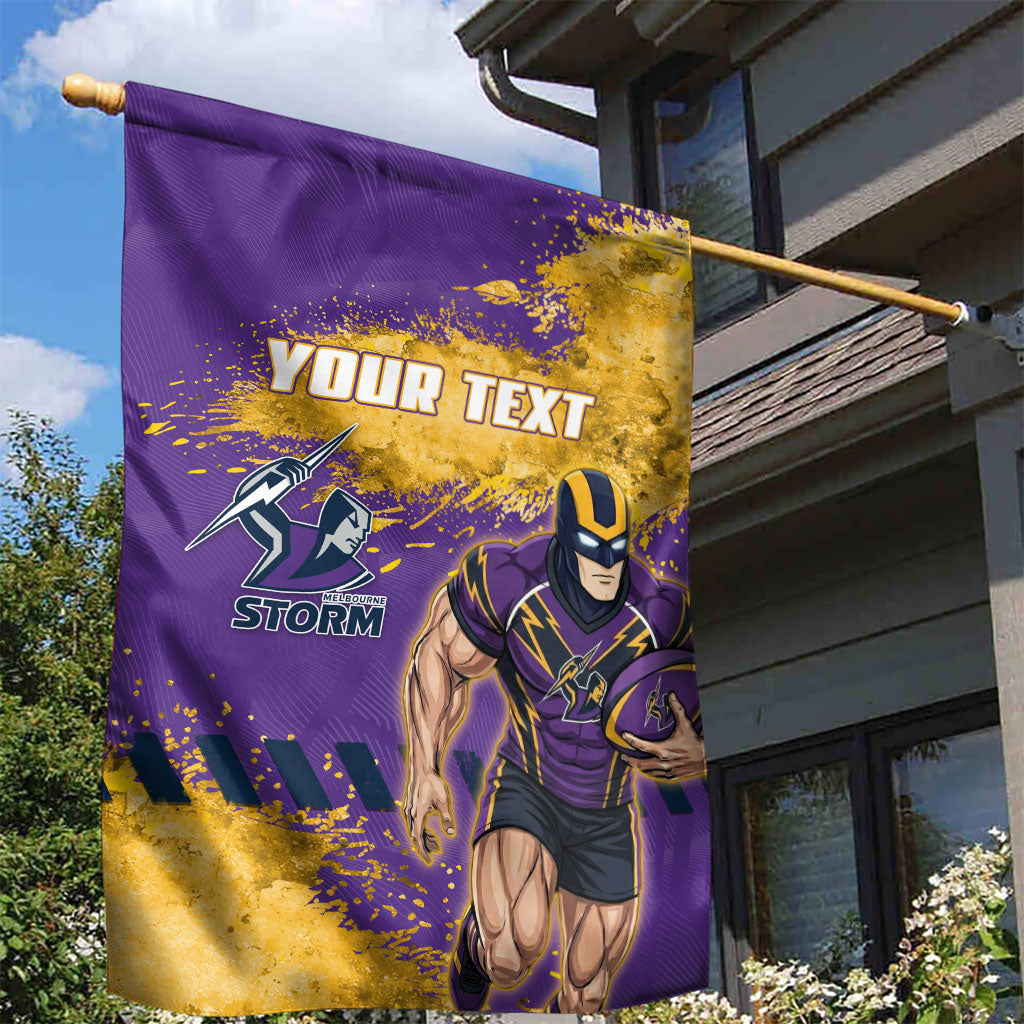 Personalised Melbourne Storm Rugby Garden Flag Superhero Purple Storm Mascot - Sporty Splash Art Style