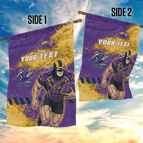 Personalised Melbourne Storm Rugby Garden Flag Superhero Purple Storm Mascot - Sporty Splash Art Style
