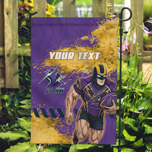 Personalised Melbourne Storm Rugby Garden Flag Superhero Purple Storm Mascot - Sporty Splash Art Style