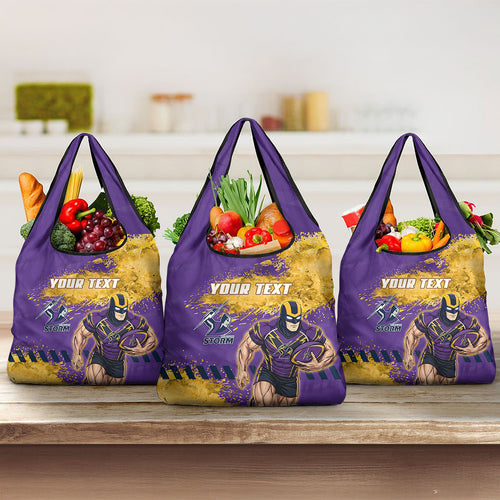 Personalised Melbourne Storm Rugby Grocery Bag Superhero Purple Storm Mascot - Sporty Splash Art Style
