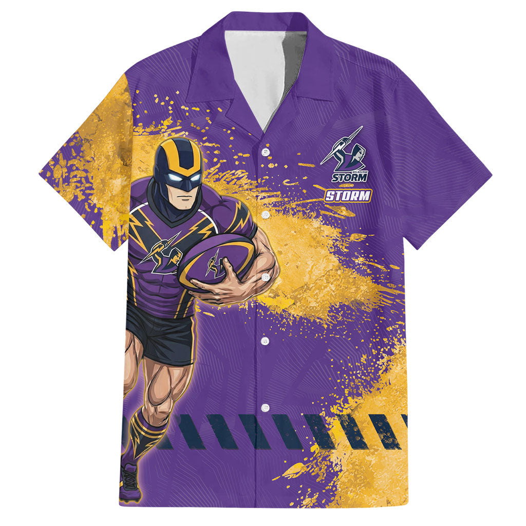 Personalised Melbourne Storm Rugby Hawaiian Shirt Superhero Purple Storm Mascot - Sporty Splash Art Style