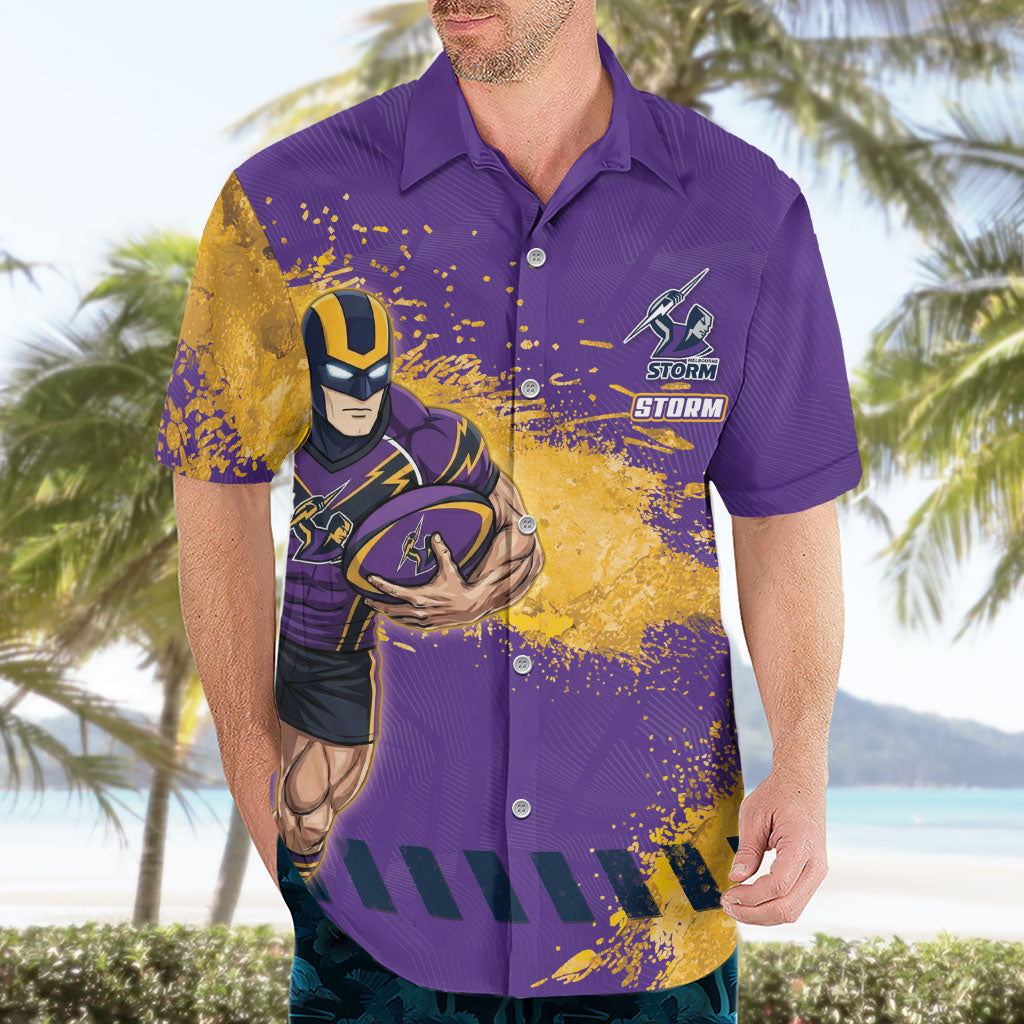 Personalised Melbourne Storm Rugby Hawaiian Shirt Superhero Purple Storm Mascot - Sporty Splash Art Style