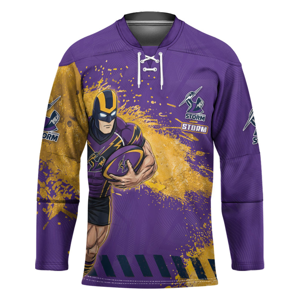 Personalised Melbourne Storm Rugby Hockey Jersey Superhero Purple Storm Mascot - Sporty Splash Art Style