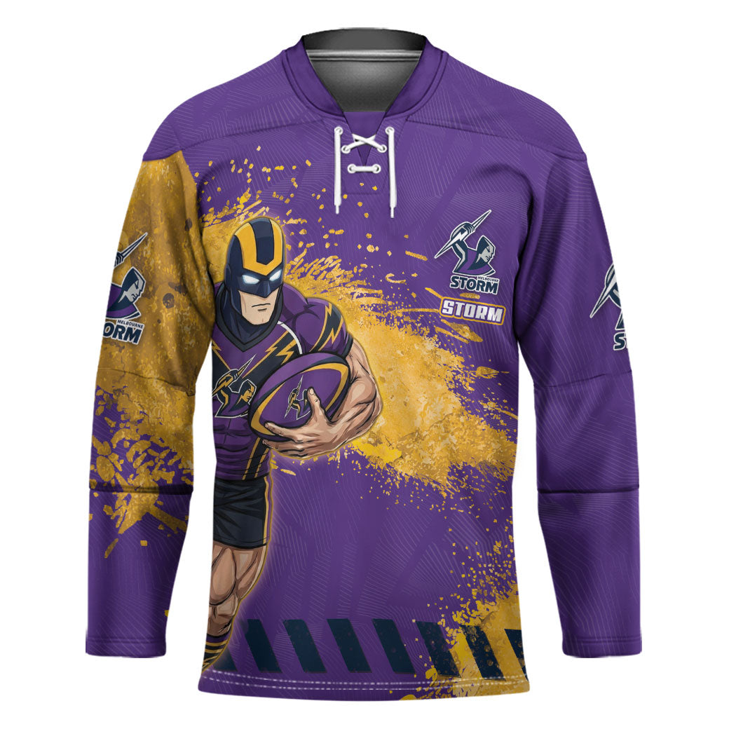 Personalised Melbourne Storm Rugby Hockey Jersey Superhero Purple Storm Mascot - Sporty Splash Art Style