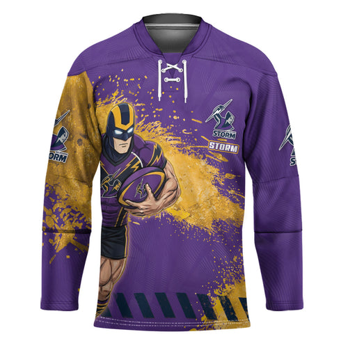 Personalised Melbourne Storm Rugby Hockey Jersey Superhero Purple Storm Mascot - Sporty Splash Art Style