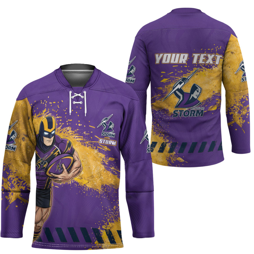 Personalised Melbourne Storm Rugby Hockey Jersey Superhero Purple Storm Mascot - Sporty Splash Art Style