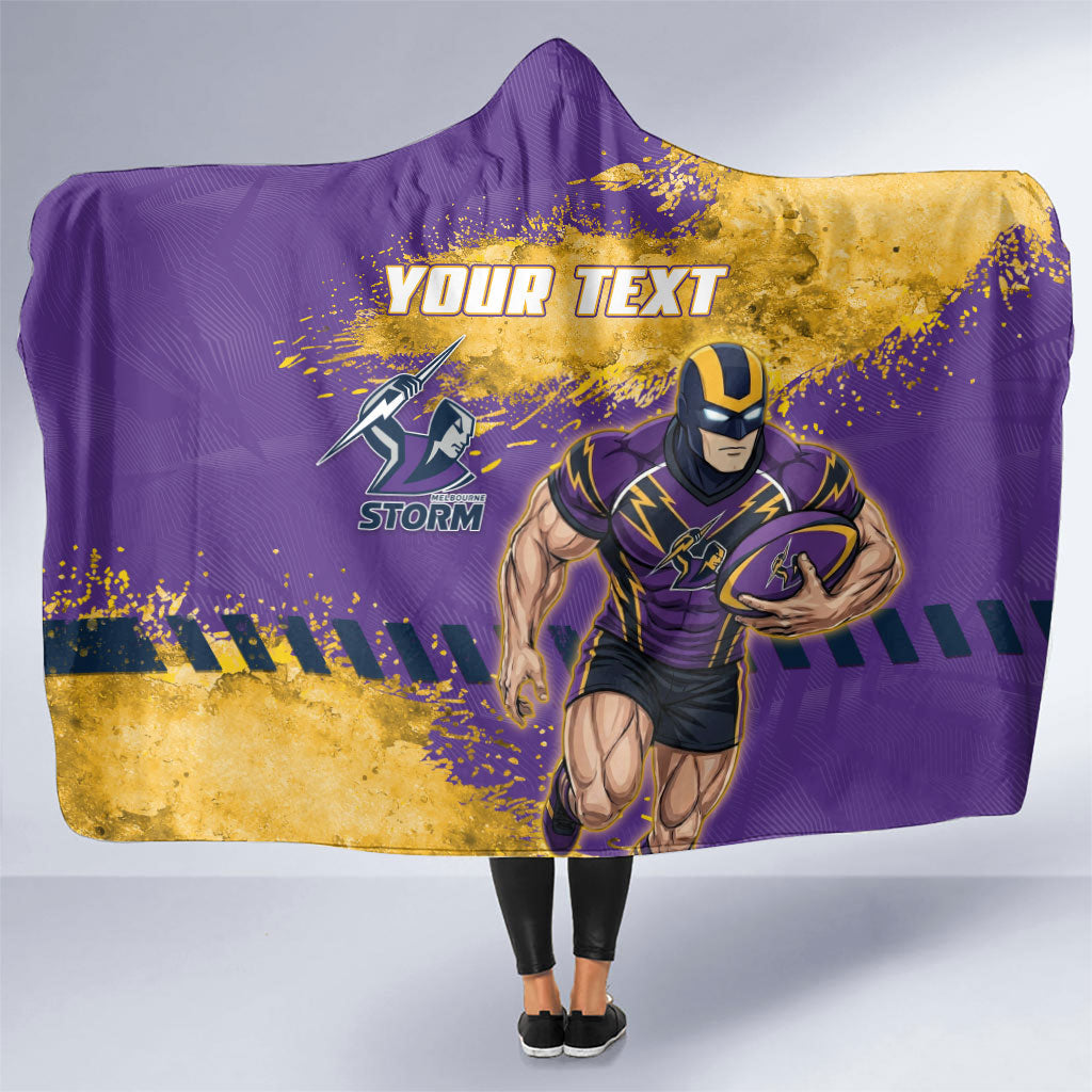 Personalised Melbourne Storm Rugby Hooded Blanket Superhero Purple Storm Mascot - Sporty Splash Art Style