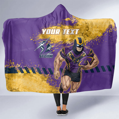 Personalised Melbourne Storm Rugby Hooded Blanket Superhero Purple Storm Mascot - Sporty Splash Art Style